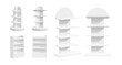 © MicroOne - Empty store shelf. Shop display, indoor supermarket or warehouse blank stands. Realistic white bookcase, 3d expo rack recent vector mockup. Illustration commercial rack for goods