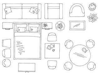 Furniture set floor plan architect design element graphic black white top sketch aerial view isolated illustration vector