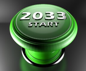 Wall Mural - 2033 START green push button on black background - 3D rendering illustration