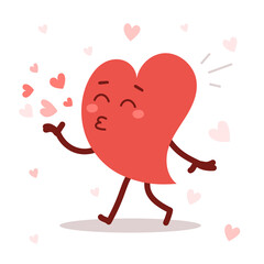 Vector red cute heart character blows a kiss on white background. Romantic flat style Valentine's Day illustration