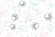 Doodle dog paw seamless background. Black, blue, pink paw track.