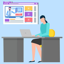 Online Education Vector, Female Working On Laptop, Businesslady Working Distant. Student With Curses And Personal Tutor At Home. Character Flat Style