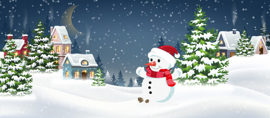 Wall Mural - Winter village with snowman