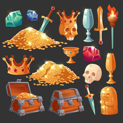 Wall Mural - Cartoon treasure chest with golden coins, crystal magic gems, human skull in crown, sword in gold pile and goblet with precious rocks, ancient statue and burning torch vector illustration, icons set