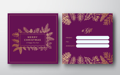Canvas Print - New Year and Christmas Abstract Vector Greeting Gift Card Background. Back and Front Design Layout with Classy Typography. Sketch Frame with Pine Twigs, Strobile, Holly and Mistletoe. Isolated