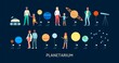 Planetarium banner template with people flat vector illustration isolated.