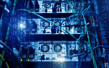 Wall Mural - binary code matrix digital internet technology concept on server room background.