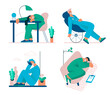 Tired overworked doctors, nurses, paramedics, vector flat isolated illustration. Exhausted Healthcare workers. Coronavirus pandemic, Covid-19 quarantine