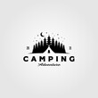 camp tent logo in pine tree vintage vector illustration design