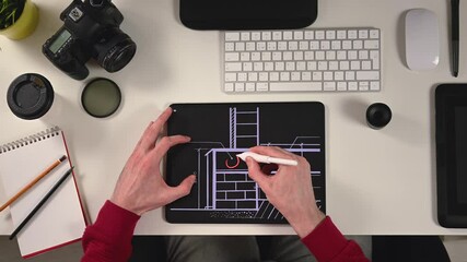 Wall Mural - designer working on project on tablet in office top view