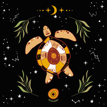 Celestial Mystery Sea Turtle With Moon And Leaves. Bohemian Boho Motifs On Background