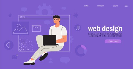 Seo optimization. Web designer or grogrammer is working on the creation of web, ui ux or application design, new project or coding. Mobile app prototyping banner, landing page or advertisement.