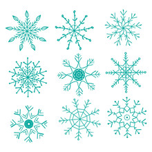 Set Of 9 Snowflakes, Separate Elements Isolated On White Background