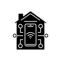 Wall Mural - Remote access black glyph icon. Smart home mobile app for controlling different house futuristic devices. Digital house system. Silhouette symbol on white space. Vector isolated illustration