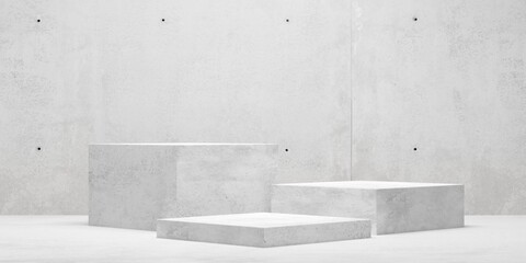 modern abstract empty concrete room with three podiums in the center, product presentation template 