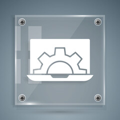 White Software, web development, programming concept icon isolated on grey background. Programming language and program code on screen laptop. Square glass panels. Vector.