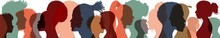 Silhouette Profile Group Of Men And Women Of Diverse Cultures. Diversity Multi-ethnic People. Concept Of Racial Equality And Anti-racism. Multicultural And Multiracial Society. Friendship