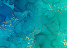 Modern Abstract Luxury Background Design Or Card Template For Birthday Greeting Or Wallpaper Or Poster With Turquoise  Blue Watercolor Waves Or Fluid Art In Alcohol Ink Style With Golden Splashes.