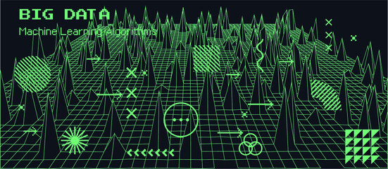 Wall Mural - big data and complex information visualization concept. glitched and distorted polygonal 3d surface,