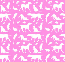 Canvas Print - Vector seamless pattern of white pets domestic animals silhouette isolated on pink background