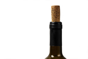 Wine green bottle with open cork on white background.Close up photo. Wine stopper isolated. Place for text or logo.