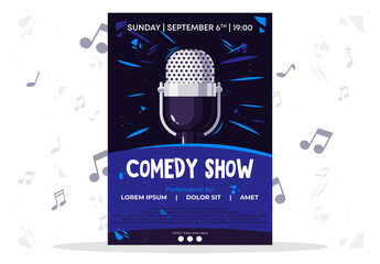 Wall Mural - vector illustration poster template for comedy show with retro microphone on dark background