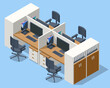 Isometric massive computer table with four desktops and chairs, office interior. Modern cozy loft office interior.