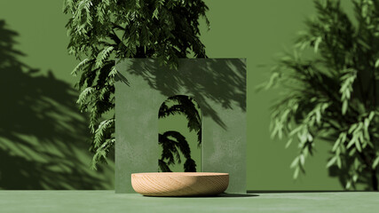 3d wooden podium display with leaf shadow. copy space green background. cosmetics or beauty product 