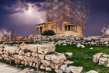 Wall Mural - Thunderstorm over Acropolis Athens with particles and dust effect, Greece, Europe	