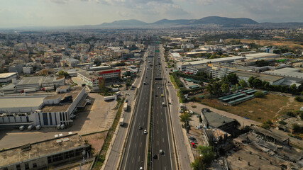 Canvas Print - Aerial drone view of National motorway road with light traffic in Attica leading to Lamia, Greece