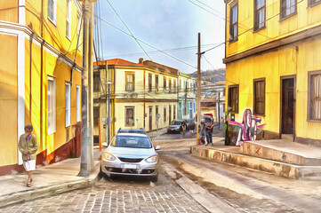 Naklejka na meble View on vintage street colorful painting looks like picture