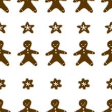 Seamless Background With Christmas Gingerbread. Vector. Cartoon. Chocolate-white Range. Various Gingerbread Cookies: Little Men And Snowflakes. Suitable For Fabric, Paper And Wallpaper.
