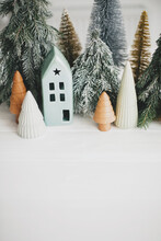 Merry Christmas! Christmas Scene, Miniature Holiday Village. Christmas Little Houses And Trees