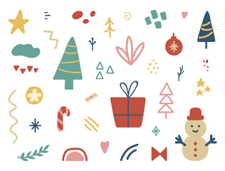 Christmas design elements set. Unique hand drawn Holiday collection. Winter party decoration. Social media cover design. Organic shapes for greeting card. Vector illustration