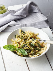 Fusilli pesto pasta with green beans.