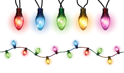 vector realistic glowing colorful christmas lights in seamless pattern and individual hanging light 