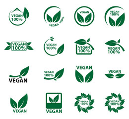 Wall Mural - vegan icon bio ecology organic,logos label tag green leaf