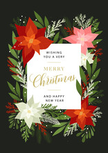 Christmas Invitation With Plants, Floral, Poinsettia, Fir And Pine Branches, Berries. Vector Postcard, Xmas Design Template. Holiday Card With Nature Elements