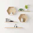 wooden Hexagon shelf little tree, books and toys copy space, mock up, hexegon