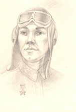 A Portrait Of A Pilot In A Helmet, A Soviet Hero Of The Second World War, Is Drawn In Pencil On Paper.