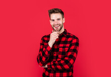 Happy Guy Smiling. Portrait Of Fashionable Handsome Man In Shirt. Business Classic Mens Shirts With Checkered Print. Handsome Confident Young Man Standing And Smiling In Shirt. Smiling Cowboy