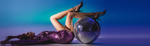 Elegant Woman In Sequin Dress Lying On Floor With Disco Ball, Banner