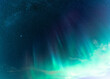 Amazing panorama of Scenic Aurora Borealis stripes glow under Milky Way stars and galaxies, photo taken vertically up, just green sky colors.