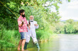 © be free - Set up rod with hook line and sinker. Fishing and drinking beer. Men relaxing nature background. Fun and relax. Weekend time. Bearded man and elegant businessman fishing together. Fishing skills