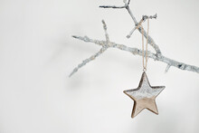 Sustainable, Zero Waste Christmas Natural Decoration With White Tree Branch In Macrame Vase And Wooden Christmas Tree Toy Star. Xmas Simple Minimalist Elegant Design With Natural Elements