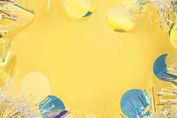 Wall Mural - christmas tinsel garland, confetti frame on yellow holiday background. new year, copy space, flat la