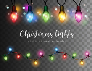 Wall Mural - vector realistic glowing colorful christmas lights in seamless pattern and individual hanging light 