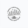 Line art vector of vintage log cabin and minimalist moon above pine forest good for cabin rental company logo, sticker and badge