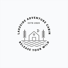 Minimalist Line Art Vector Of Vintage Lakeside Cabin, Pine Tree And Moon Fit For Cabin Rental Company Logo, Sticker, And Badge