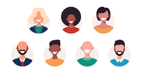 Set of avatars of happy people of different races and age. Portraits of men and women. Vector illustration in cartoon style.